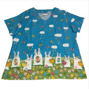 UA Blue Easter Egg Bunny Rabbit Butterflies Floral Spring Scrub Top Shirt Sz XL